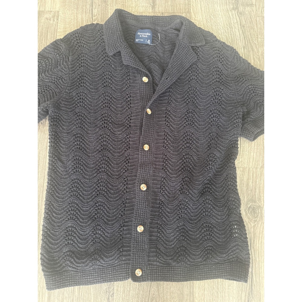 Abercrombie & Fitch Navy Chevron Pointelle Knit Button Up Sweater Polo M